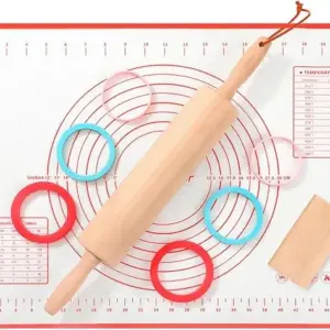WitHlper 17.5" x 2.5"Handle Beechwood Rolling Pin for Baking Pizza,Pies,Cookies,Pastries,3 Thickness Rolling Pin Guide Ring Food Grade Silicone Strips,Silicone Mat (4)