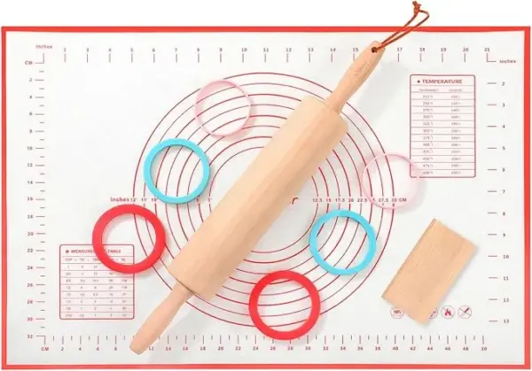 WitHlper 17.5" x 2.5"Handle Beechwood Rolling Pin for Baking Pizza,Pies,Cookies,Pastries,3 Thickness Rolling Pin Guide Ring Food Grade Silicone Strips,Silicone Mat (4)