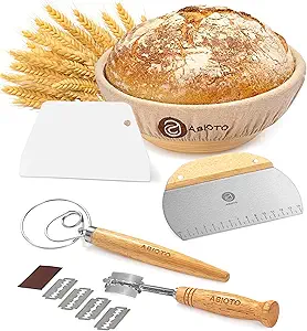 Sourdough Tools and Supplies - A Complete Bread Making Kit with 9" Round Proofing Basket with Liner, Bread Lame, Danish Whisk, Dough and Bowl Scrapers - Perfect Sourdough Supplies for Bakers