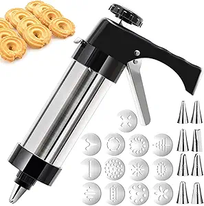 Hendiy Cookie Press, Cookie Press Gun Kit Stainless Steel Spritz Cookies Press Set with 13 Cookie Discs and 8 Piping Tips, Cookies Press for Baking for Cookie Maker and Cake Icing